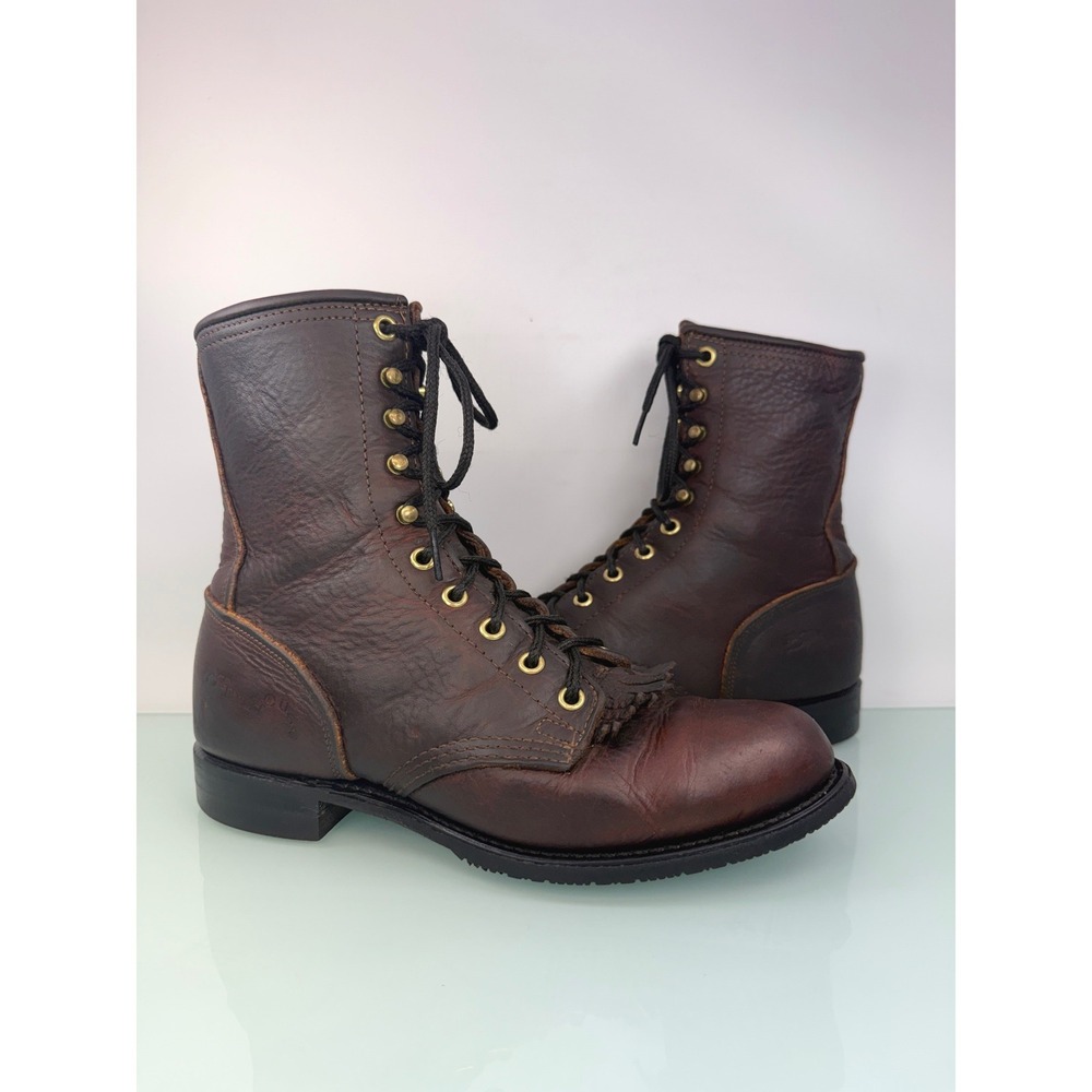 Vintage DD Tuff Packer Roper Boots Brown Leather Kiltie Lace Up USA Women 8.5